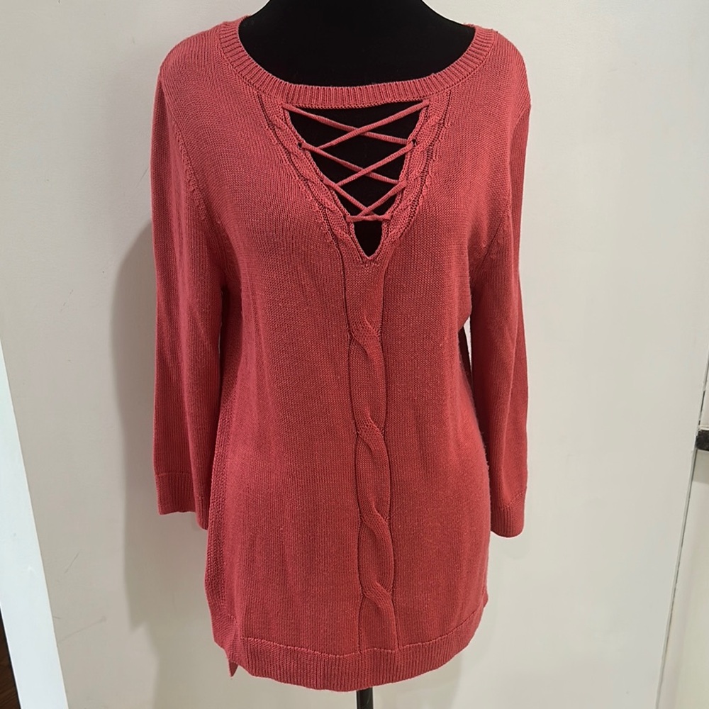 Soho Women's Coral V-Neck Sweater with Crisscross Design